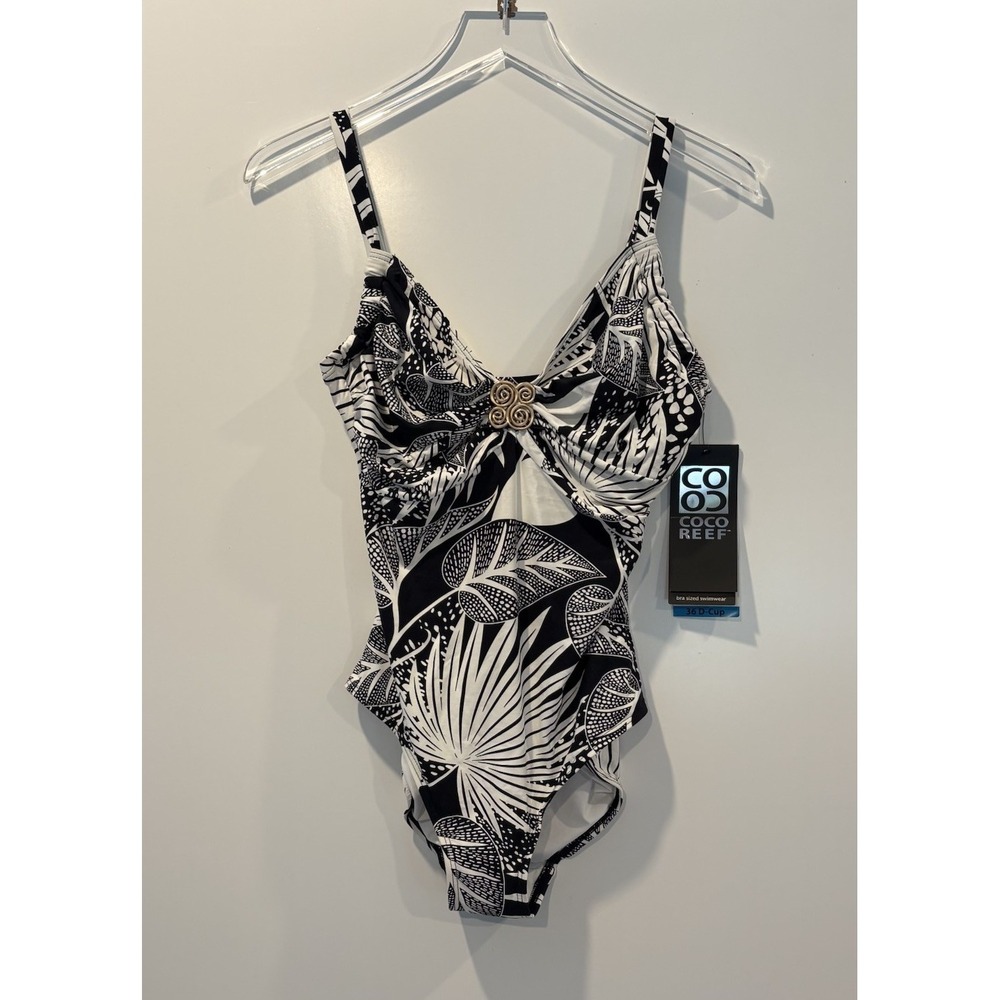 Coco Reef PerfectionFit One Piece Swimsuit Black White Tropical 36D NWT - Picture 1 of 8